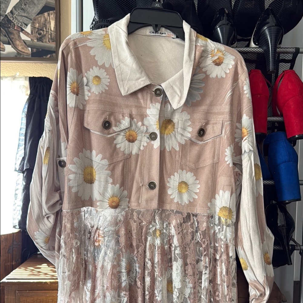 Floral Button-Up Shirt with Lace Detail